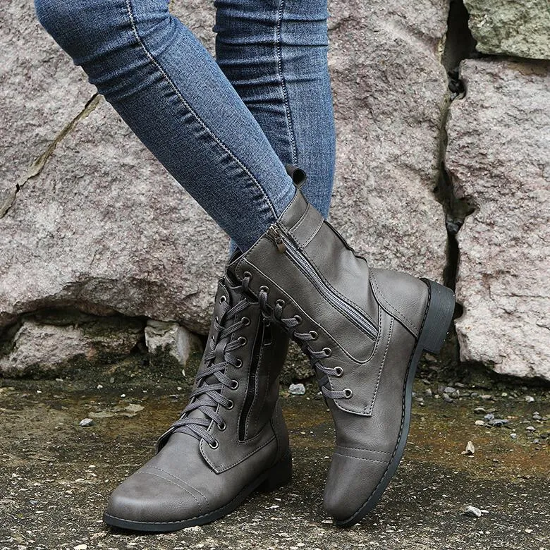 Women's low heel lace-up mid calf biker boots
