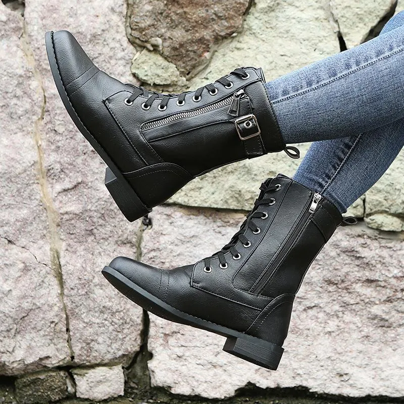 Women's low heel lace-up mid calf biker boots
