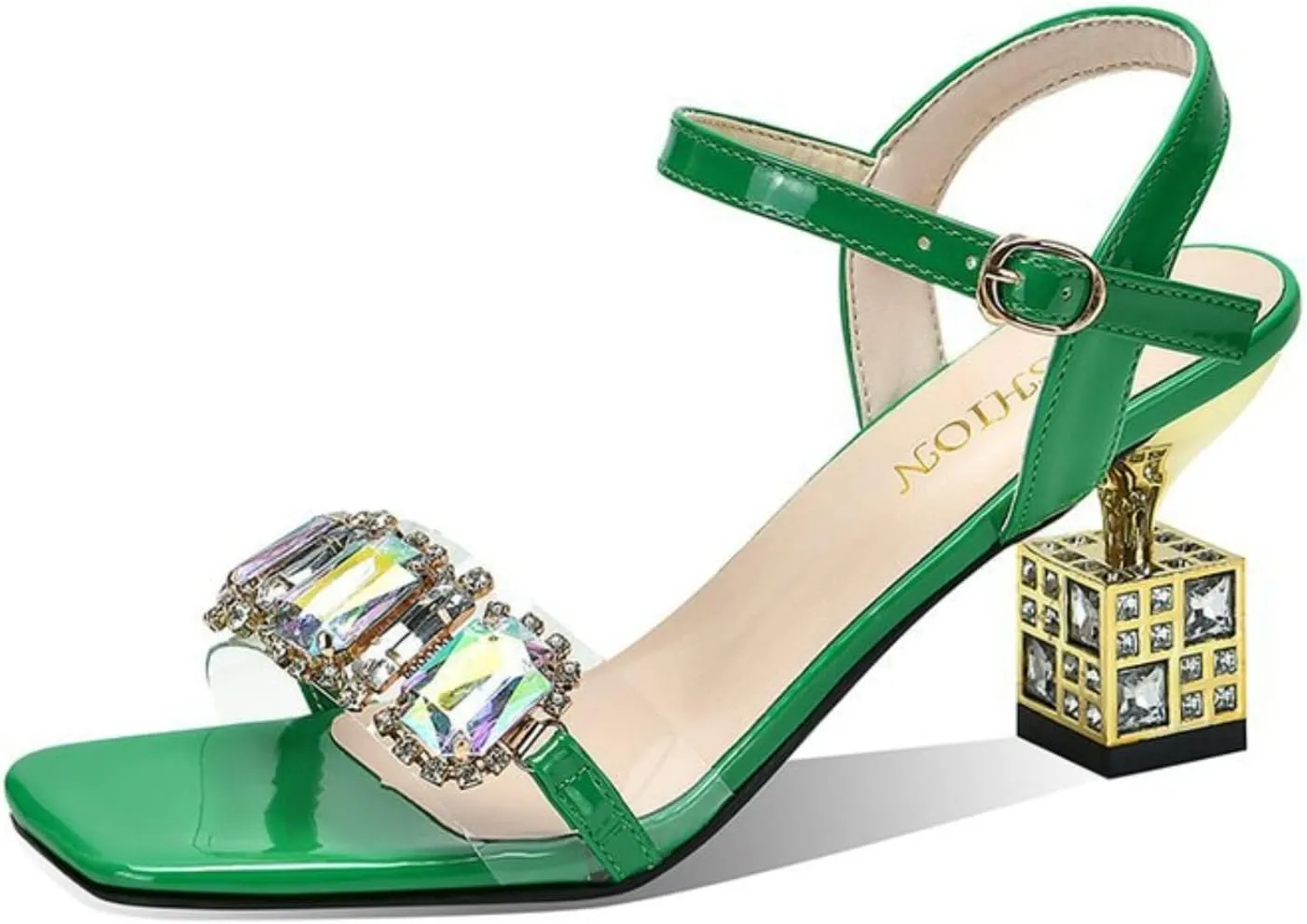 Women's Open Toe Shiny Diamond Chunky Heel Sandals,Party Dress Sparkle Slip-On Platform Sandals,Chic Casual Diamond Sandals.