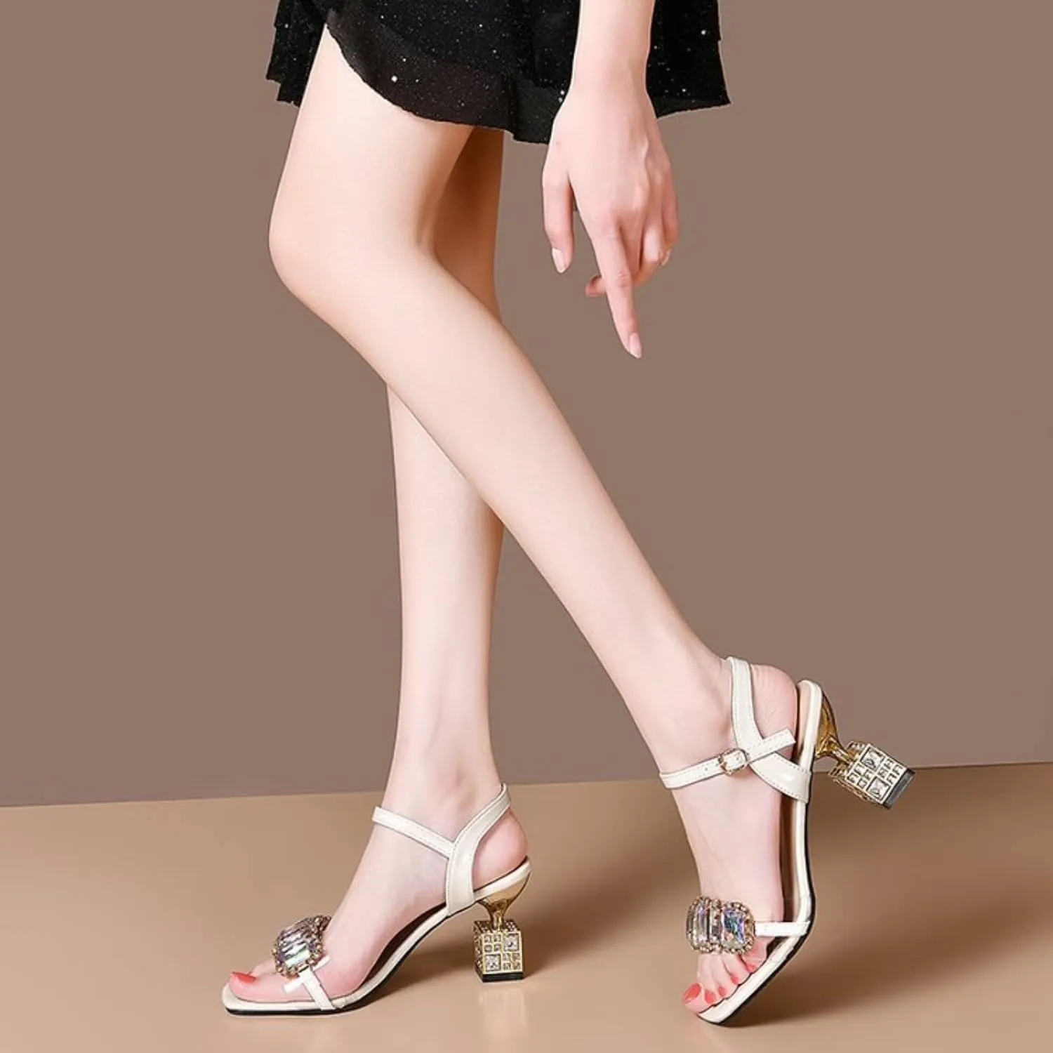 Women's Open Toe Shiny Diamond Chunky Heel Sandals,Party Dress Sparkle Slip-On Platform Sandals,Chic Casual Diamond Sandals.