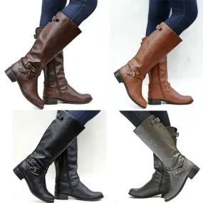 Women's retro knee high zipper boots bucke strap motorcycle boots