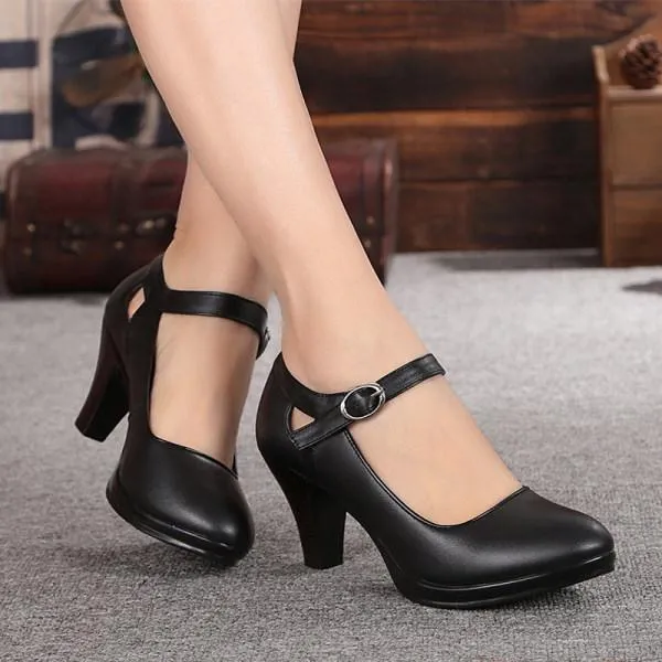Women'S Shallow Mouth Round Toe Strappy Chunky High Heels 34089693