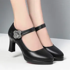 Women'S Shallow Mouth Round Toe Strappy Chunky High Heels 34089693