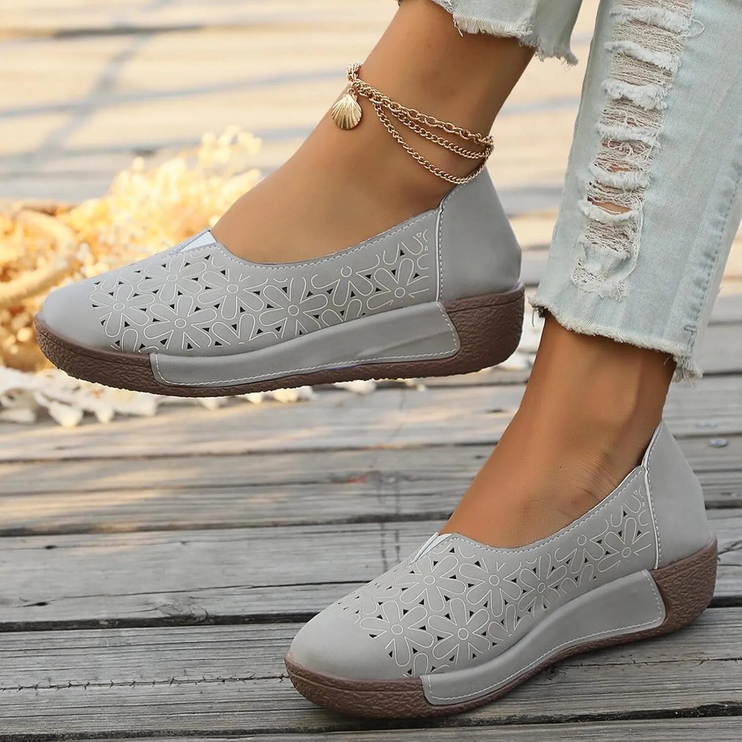 Women's Summer Sandals Large Size Hollow Out Flowers Single Shoes Comfortable One Foot Stirrups Soft Flat Shoes