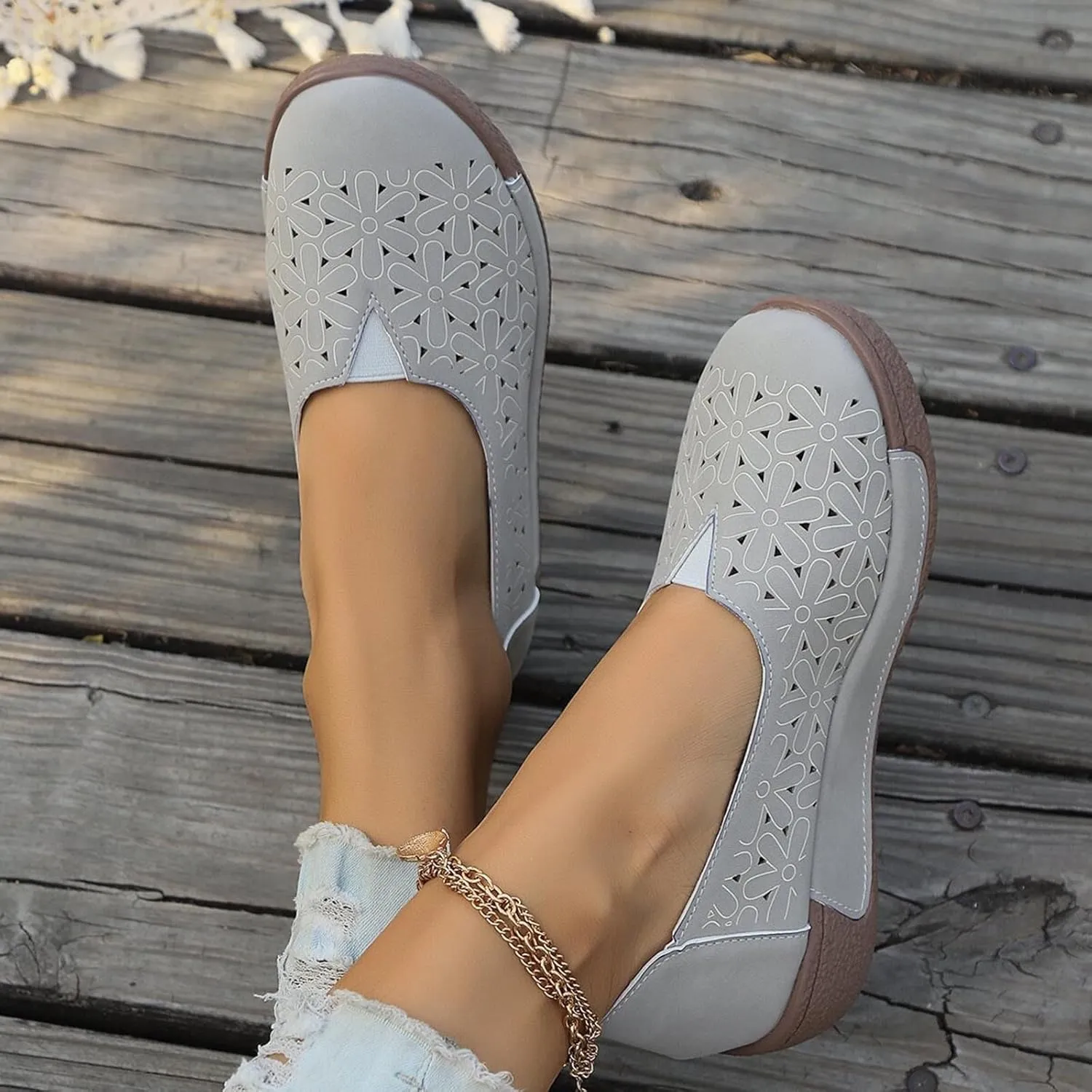 Women's Summer Sandals Large Size Hollow Out Flowers Single Shoes Comfortable One Foot Stirrups Soft Flat Shoes