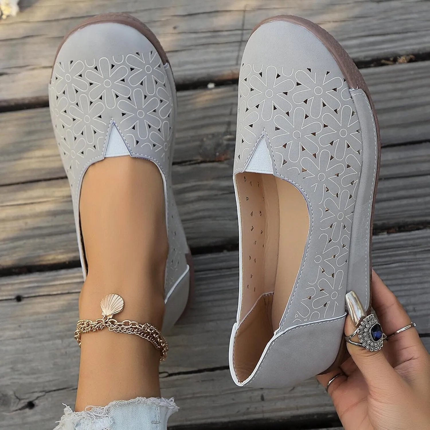 Women's Summer Sandals Large Size Hollow Out Flowers Single Shoes Comfortable One Foot Stirrups Soft Flat Shoes