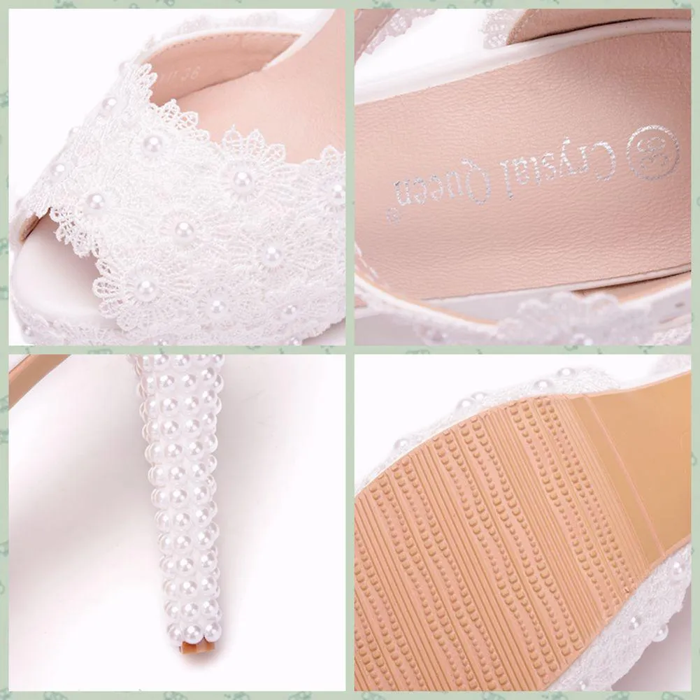 Women's white flroal lace pearls peep toe bridal shoes 4 inch