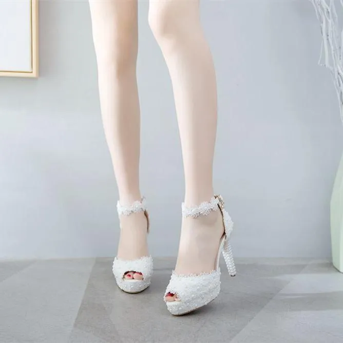 Women's white flroal lace pearls peep toe bridal shoes 4 inch