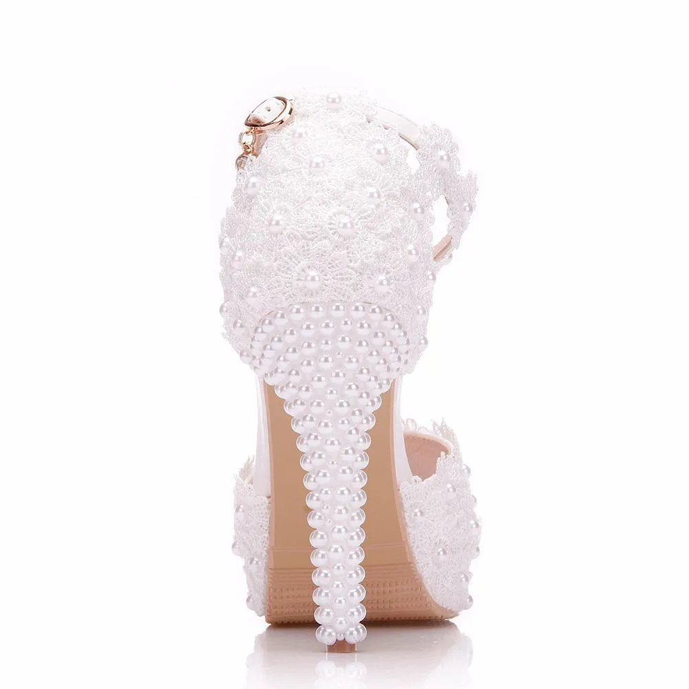 Women's white flroal lace pearls peep toe bridal shoes 4 inch