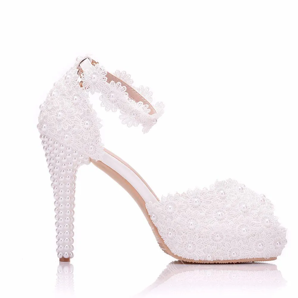 Women's white flroal lace pearls peep toe bridal shoes 4 inch