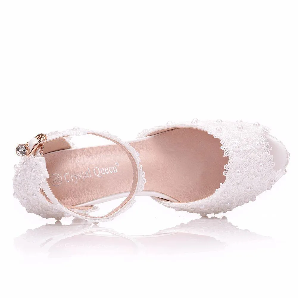 Women's white flroal lace pearls peep toe bridal shoes 4 inch