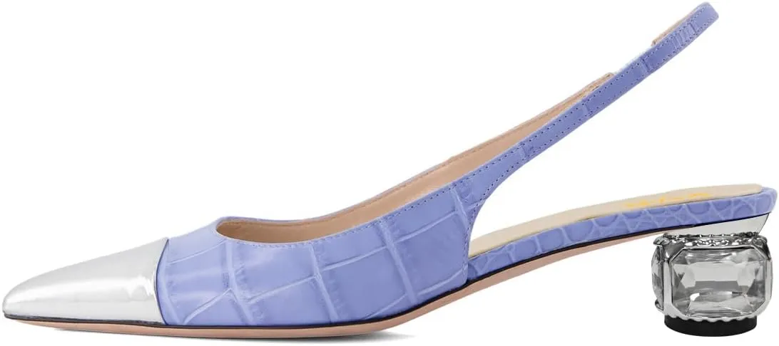 XYD Women's Chic Sling Back Sandal 2 Inches Crystal Block Low Heel Closed Pointed Toe Pumps Slip On Elegant Evening Dating Dress Shoes